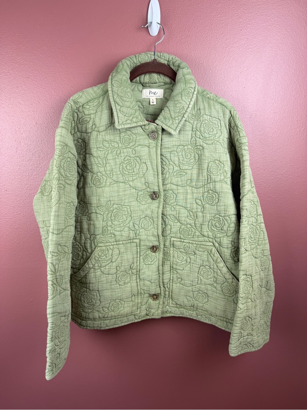 NWT Me by Jennie Garth Quilted Floral Green Cotton Jacket Size Small